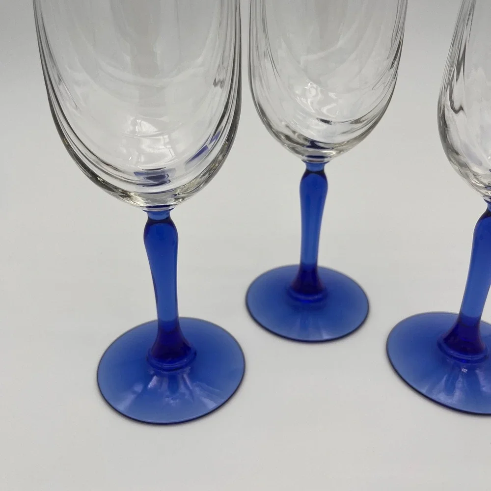 3 Vintage Wine Glasses Cobalt Blue Stem Gold Rim Optic Swirl Clear Bowl Set